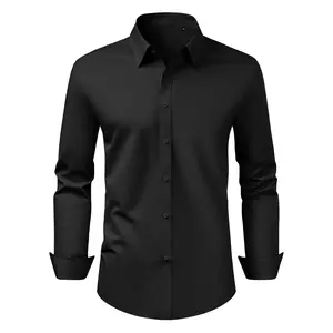 【Father's Day Gift】Menswear Long-Sleeve Slim Fit Plain Button-Up Dress Shirt, Wrinkle-Free Soft Stretch Cotton-Polyester Fabric for Business Casual, Black