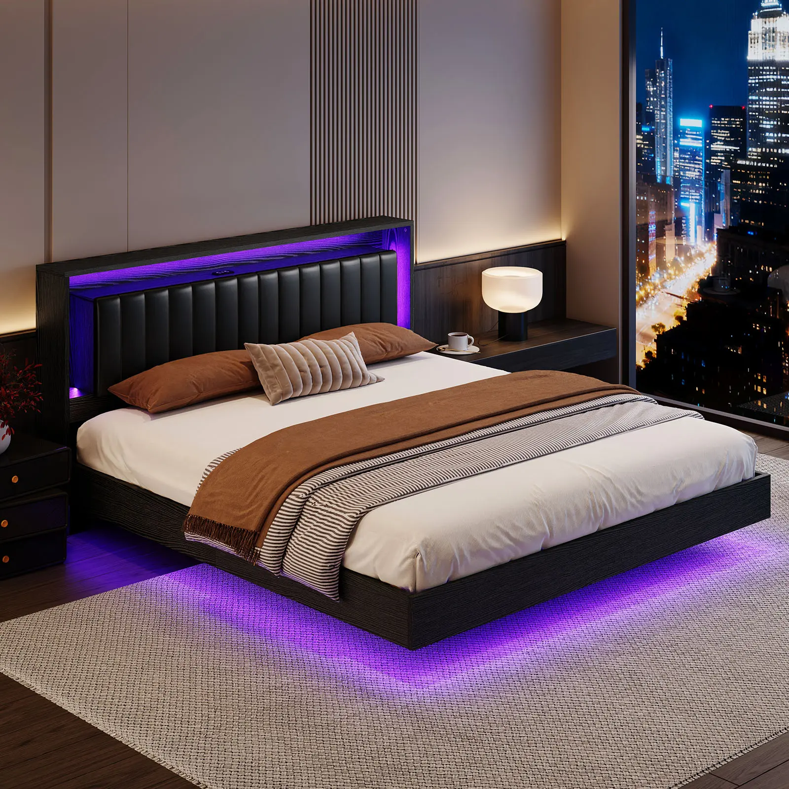 [SummerWins]Belffin Queen Bed Frame with Headboard & Footboard, Bed Frame with Built-in Charging Station & LED Light, Storage Shelf, Noise-Free, No Box Spring Needed, Easy Assembly, Classic Black
