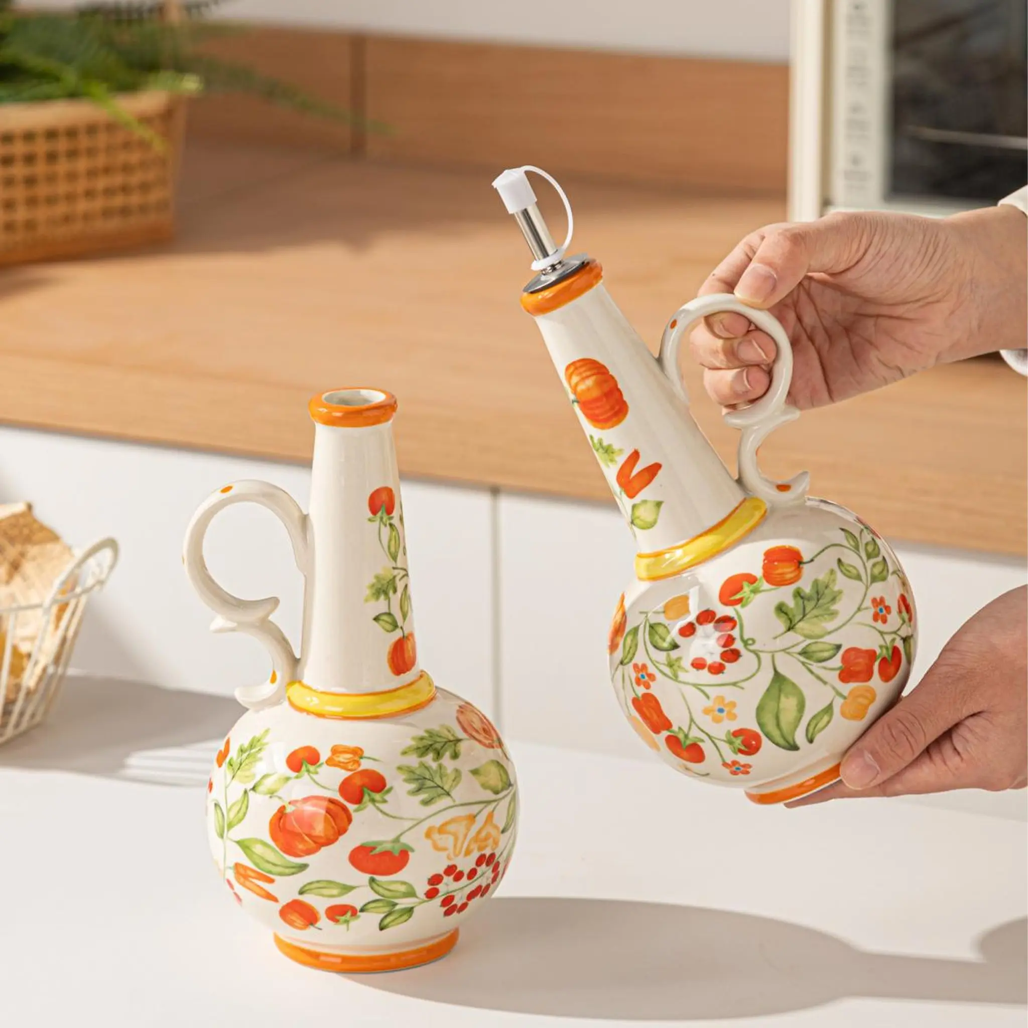 1-piece ceramic Cooking Oil Dispenser, Kitchen Utensils, oil-free drip, no oil residue, dustproof, Machine washable, ergonomic handle for easy grip, vegetable pattern, rustic style, heat-resistant