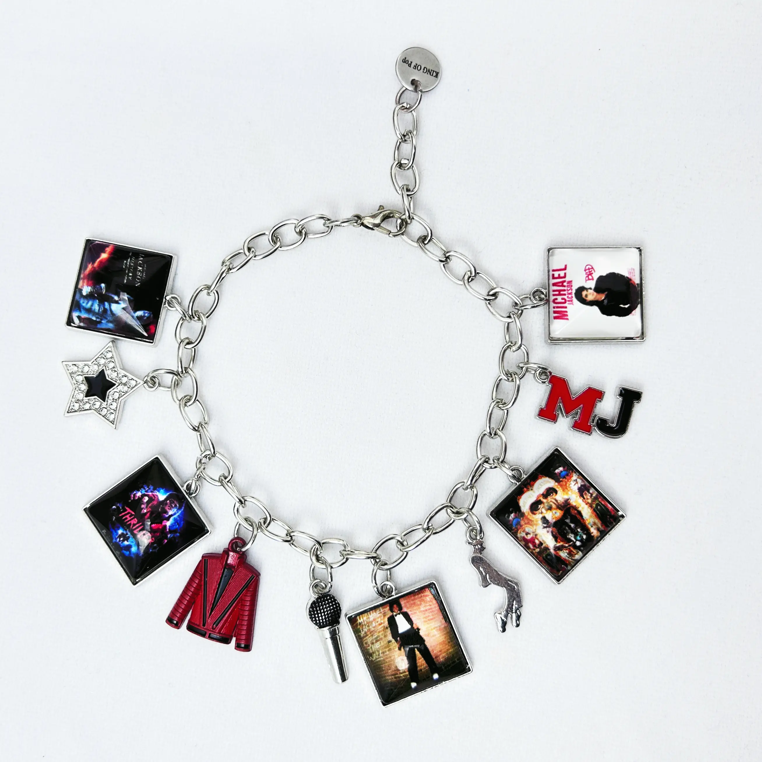 Music Inspired Charm Bracelet, Vintage Link Chain Bracelet, Fashion Jewelry with Microphone, Jacket & Album Charms, Unisex Fan Gift