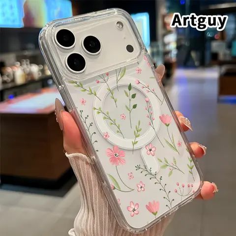 Transparent Magnetic Silicone Smartphone Casing for iPhone 11-17 Pro Max Plus/Air E, Floral Whisper Dream Printed Acrylic All-Coverage Protective Case, Handheld Safety Accessory, Supports Magnetic Compatibility & Effortless Wireless Charging