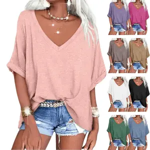 Imily Bela Women's Oversized T Shirts V Neck Short Sleeve Summer Casual Loose Tops Tees Tshirt Elastic Basic Womenswear