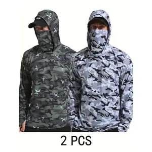 2pcs Camo Quick-Dry Lightweight Hooded Fishing Sun Protection Shirt - Breathable Long Sleeve Outdoor Gear for Men, White & Gray Pattern, UV Protection, Fishing & Hiking