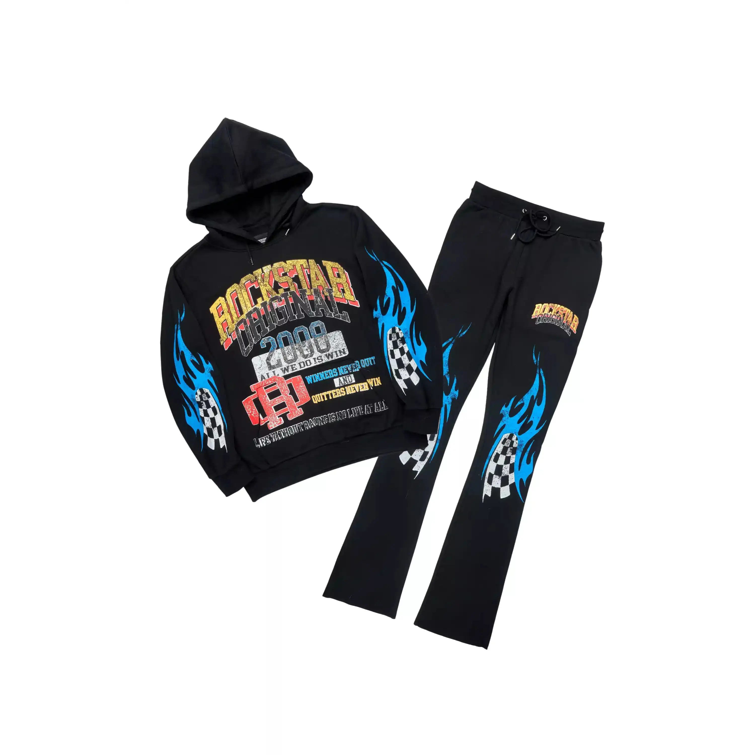 Colorful Race Black Hoodie Stacked Track Set