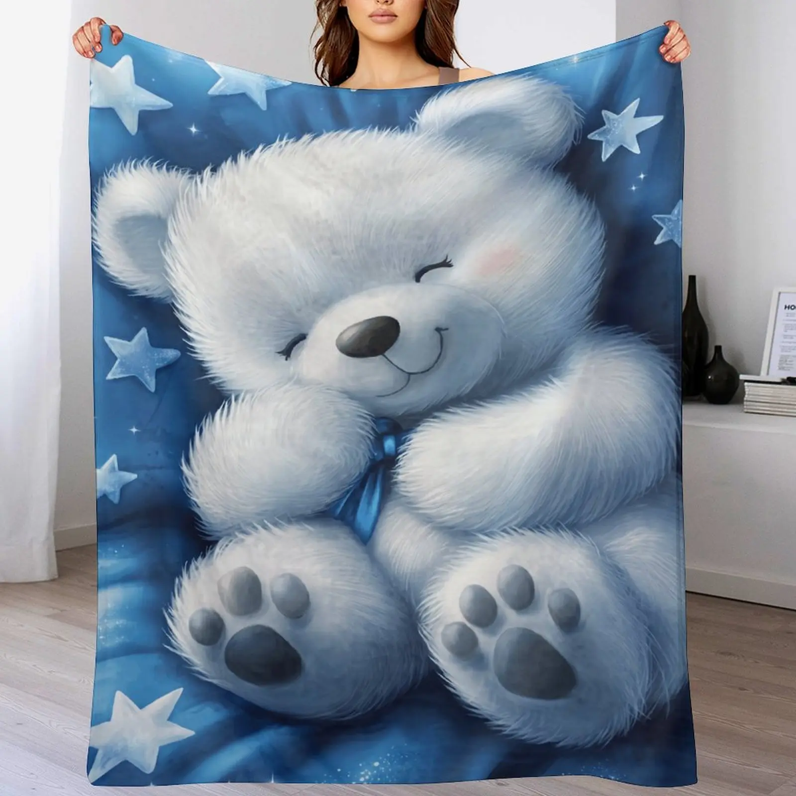 Sleepy White Teddy Bear on Blue Starry Night Blanket, Cute Nursery Throw, Soft Cozy Crib Blanket