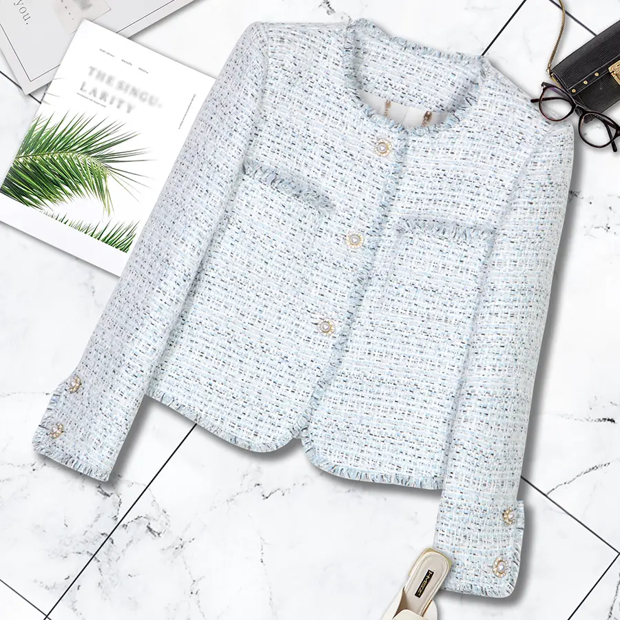 DS Unique Design Women's Light Blue Striped Weave Tweed Jacket - Fitted Crew Neck, Long Sleeve with Fringe Trim and Button Front