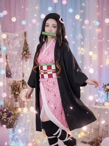 Demon Slayer Nezuko Cosplay Costume Set, Complete Anime with Kimono Bamboo Props, Halloween Cosplay for Women