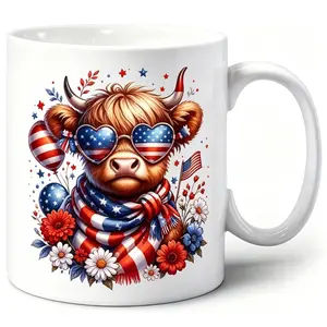 Fourth of July Cow Ceramic Mug 250th Anniversary American Flag Highland Cow Cup Ideal Patriotic Gift for Independence Day Enthusiasts