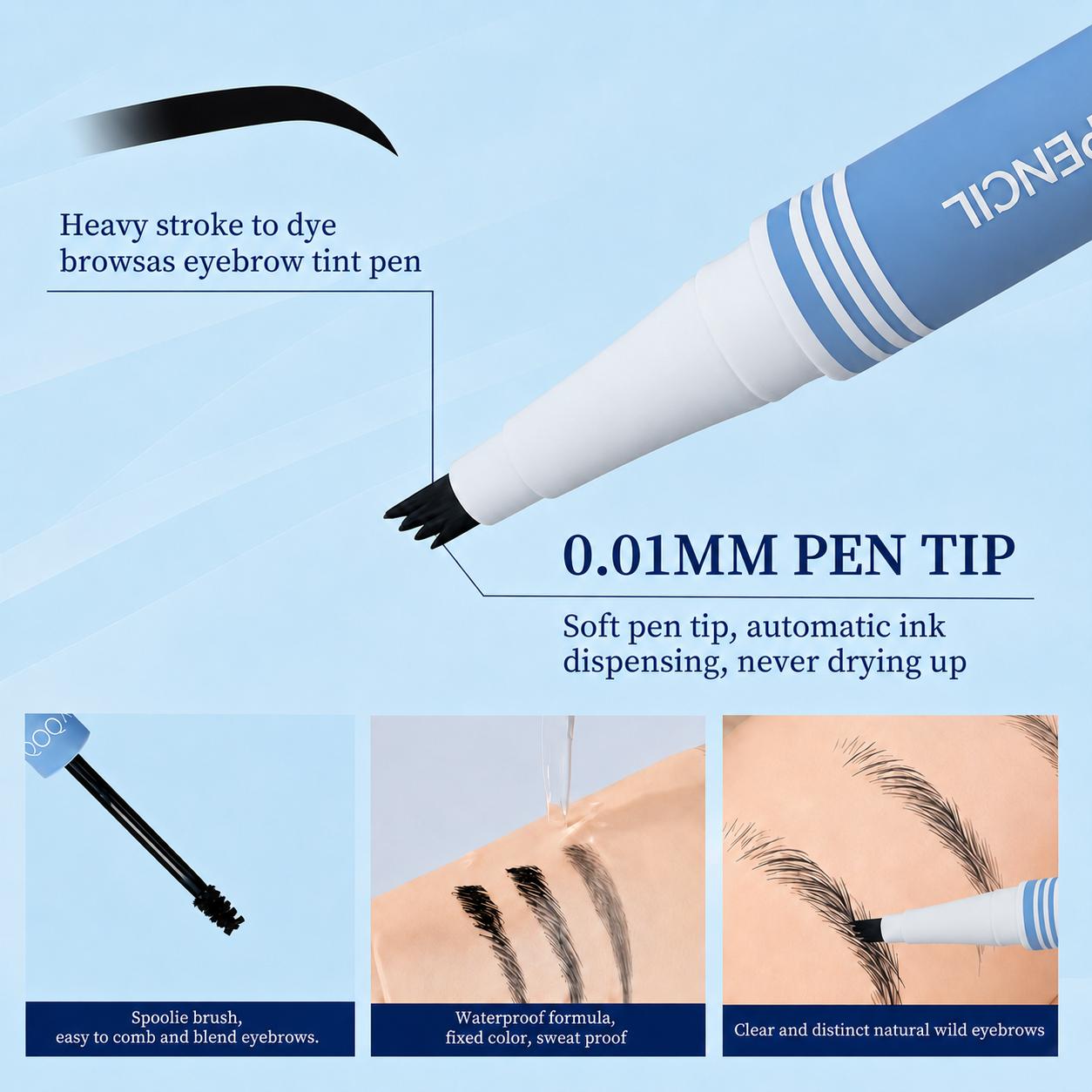 【QCQX】Waterproof 2-in-1 Micro-Fork Eyebrow Pen & Tinted Gel — Long-lasting brow tool for natural, hair-like strokes; includes brow shaping brush; essential makeup tool and accessory.