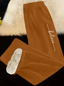 Women's Fleece Lined Thick Long Pants, Believe Letter Print, Drawstring Waist, Straight Leg, Casual Fall & Winter Wear, Casual Fashion Trousers, Casual Chic Bottoms