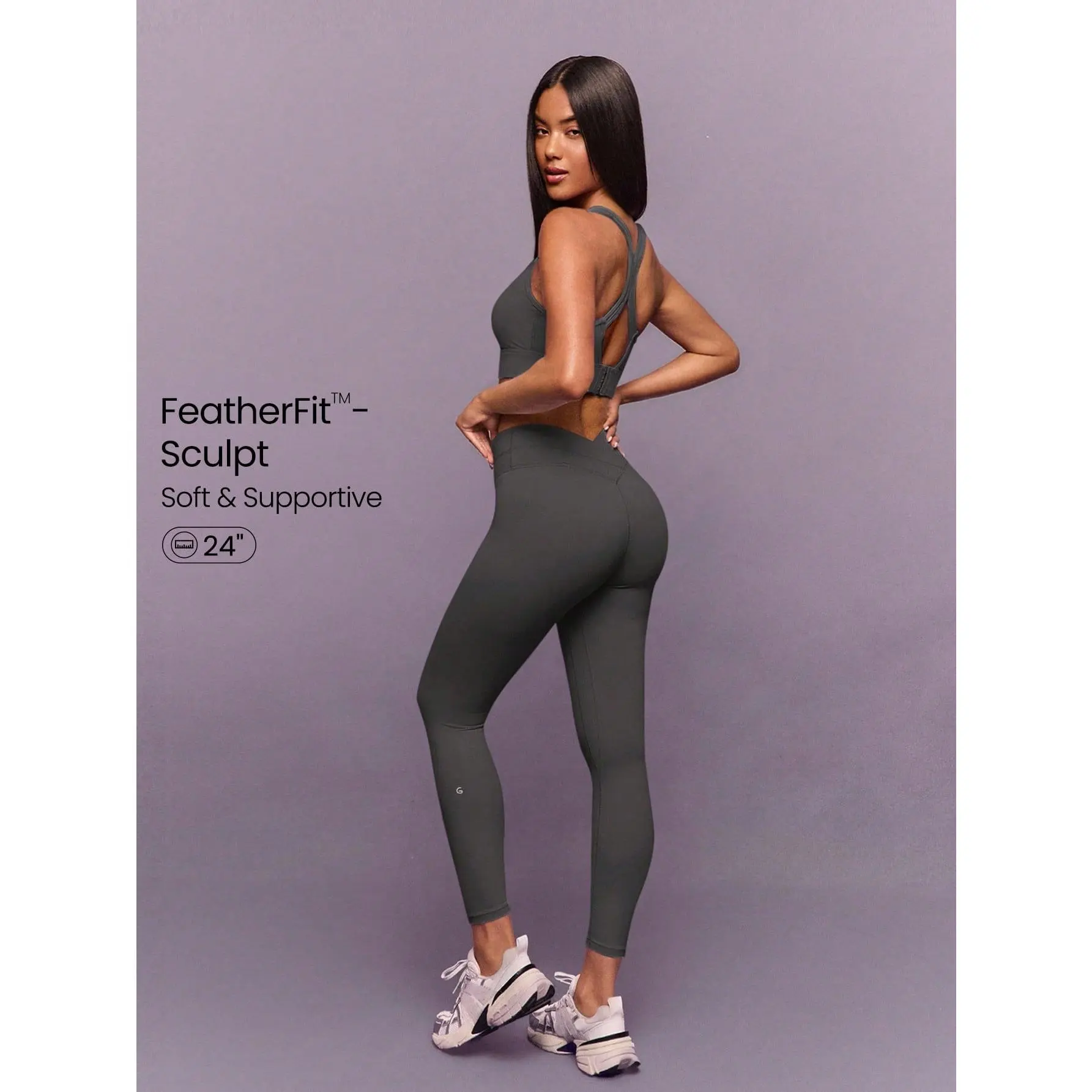 GLOWMODE 24" FeatherFit™-Sculpt Power Form Soft Stretchy Compressive Crossover Back Leggings High-Impact Running Jogging Training Gym Studio Daily Active Wear