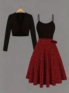 Women's Elegant Knitted Soft Matching Two-Piece Dress Set, Casual Chic Dress, Checkered Houndstooth Pattern, Includes Cardigan Jacket and Tie Back Tank Top, All Seasons Wear, Womenswear