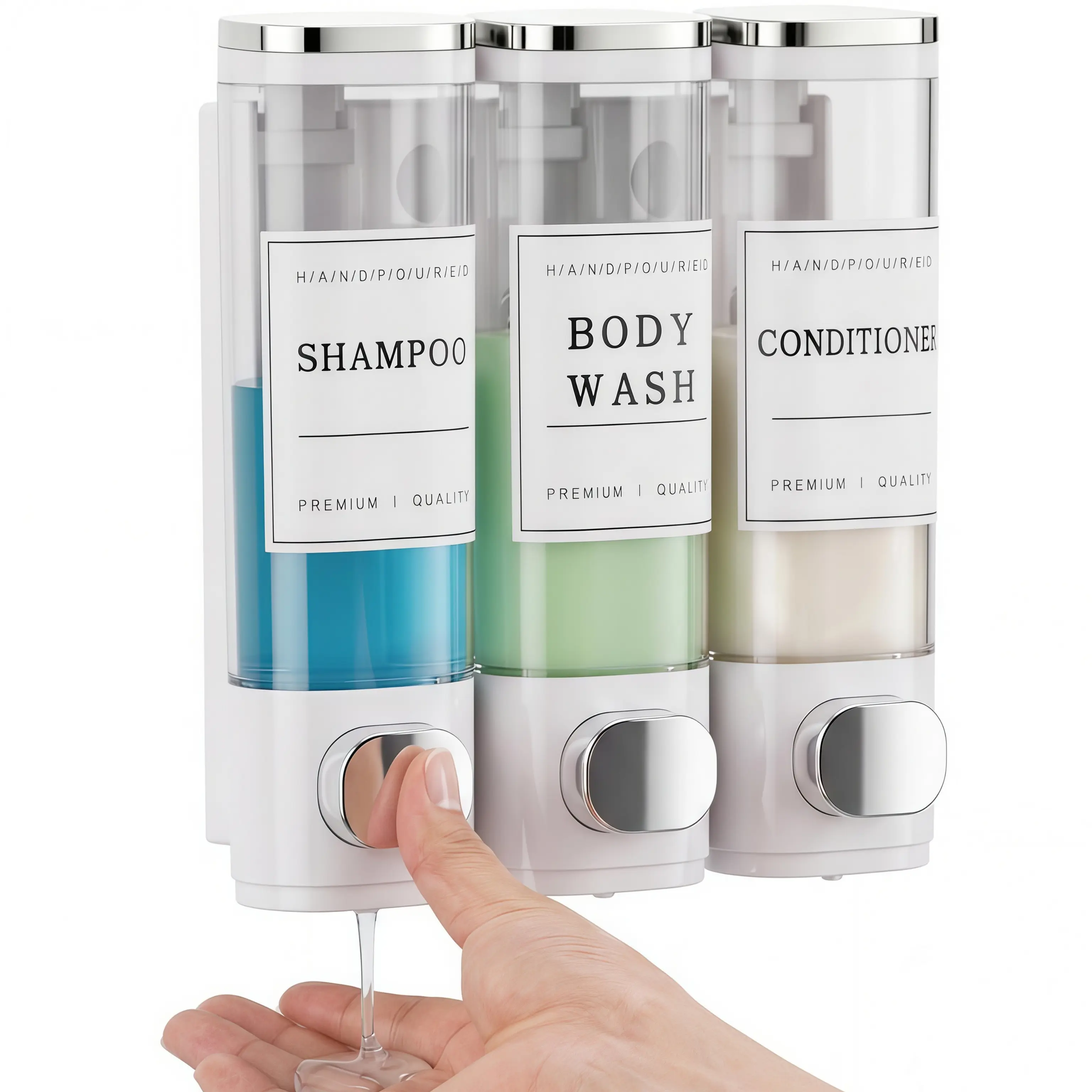 LMMAKE 1SET Wall-Mounted No-Drill Shower Soap Dispensers, 3×300ml Silver Shampoo & Conditioner Dispensers with Labels, Suitable for Bathrooms & Hotels