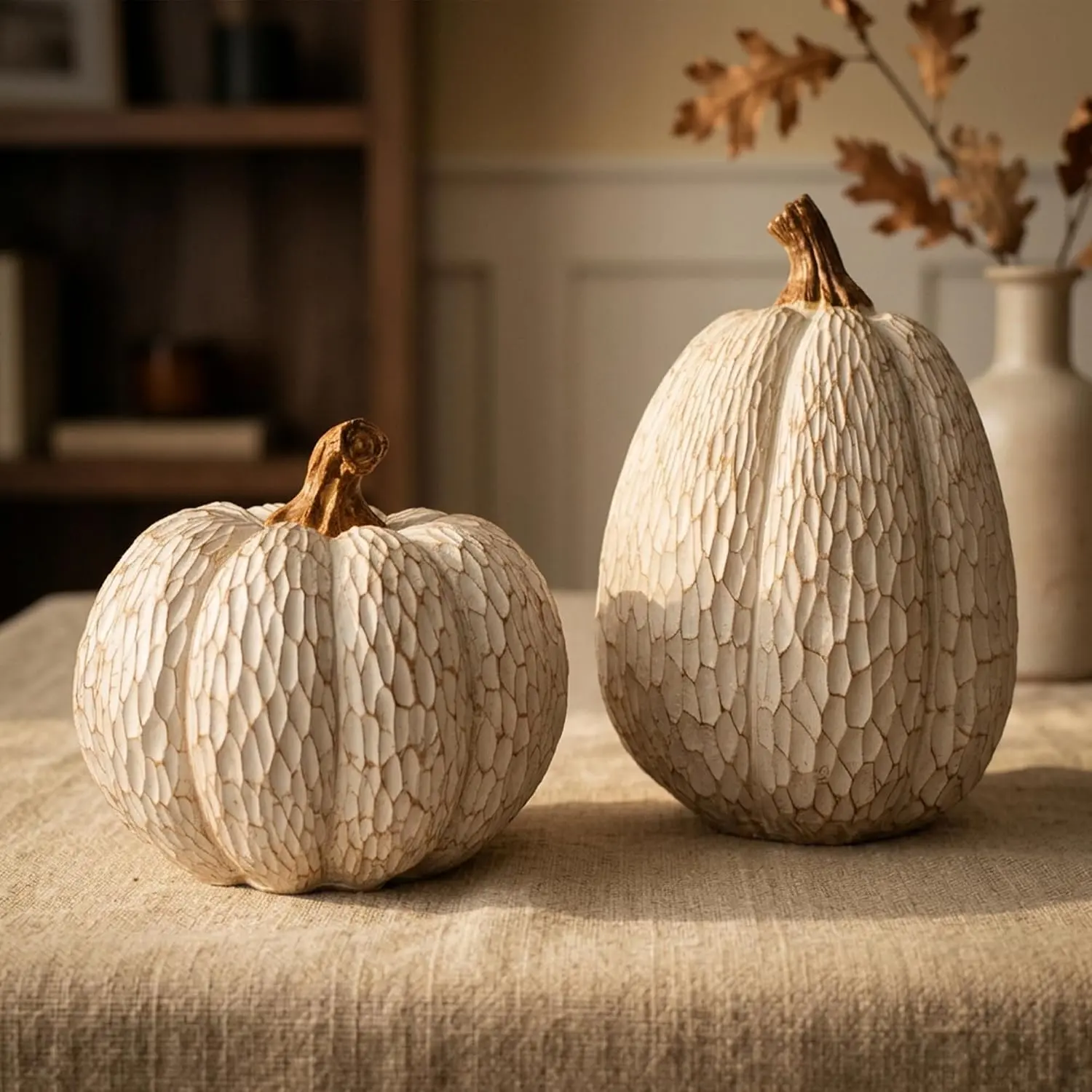 Fall Pumpkin Decor, Set of 2 Resin Pumpkins, Thanksgiving Decor | Elegant Textured White Pumpkins, Fall Decor Accent for Thanksgiving Table Centerpiece, Mantel, Shelf and Autumn Home Decor.