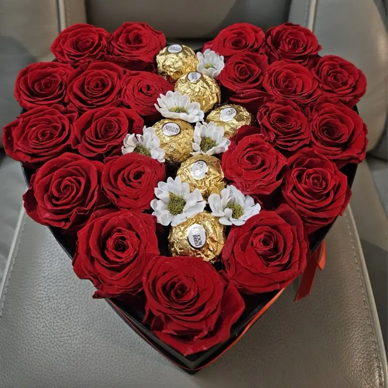 Heart-Shaped Preserved Roses Box with chocolates for Valentine's Day Gift