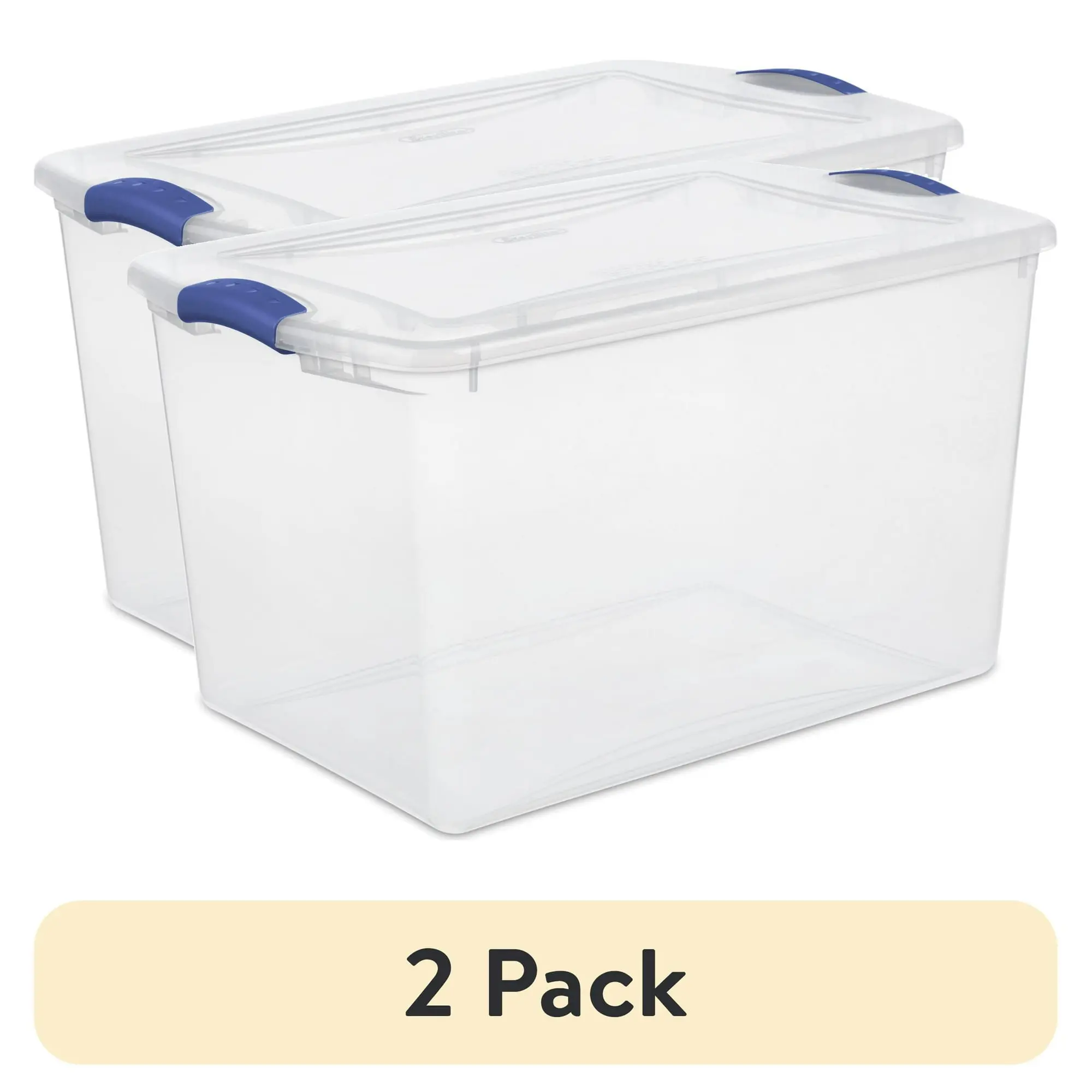 2 Pack 66 Qt Latching Storage Bins, Clear & Blue - Large Stackable Plastic Storage Containers with Latch Lids for Clothing, Closet Organization