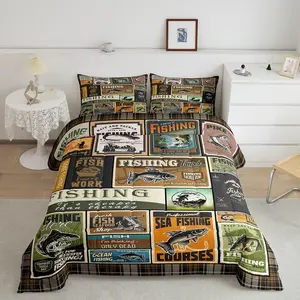 Fish Comforter,Vintage Fish Stamp Pattern Bed Comforter Set,Fishing and Hunting Designer Bedroom Home Decor Quilt Set,Brown Green Luxury Bedding Set