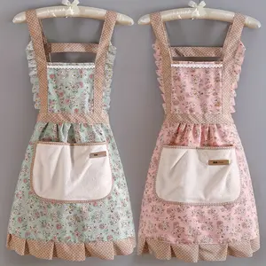 1pc Floral Canvas Apron,, Adjustable Straps, Breathable Fabric with Ruffled Edges & Polka Dot Trimming, Perfect for Chefs, Waiters, Cooking & Restaurant Use