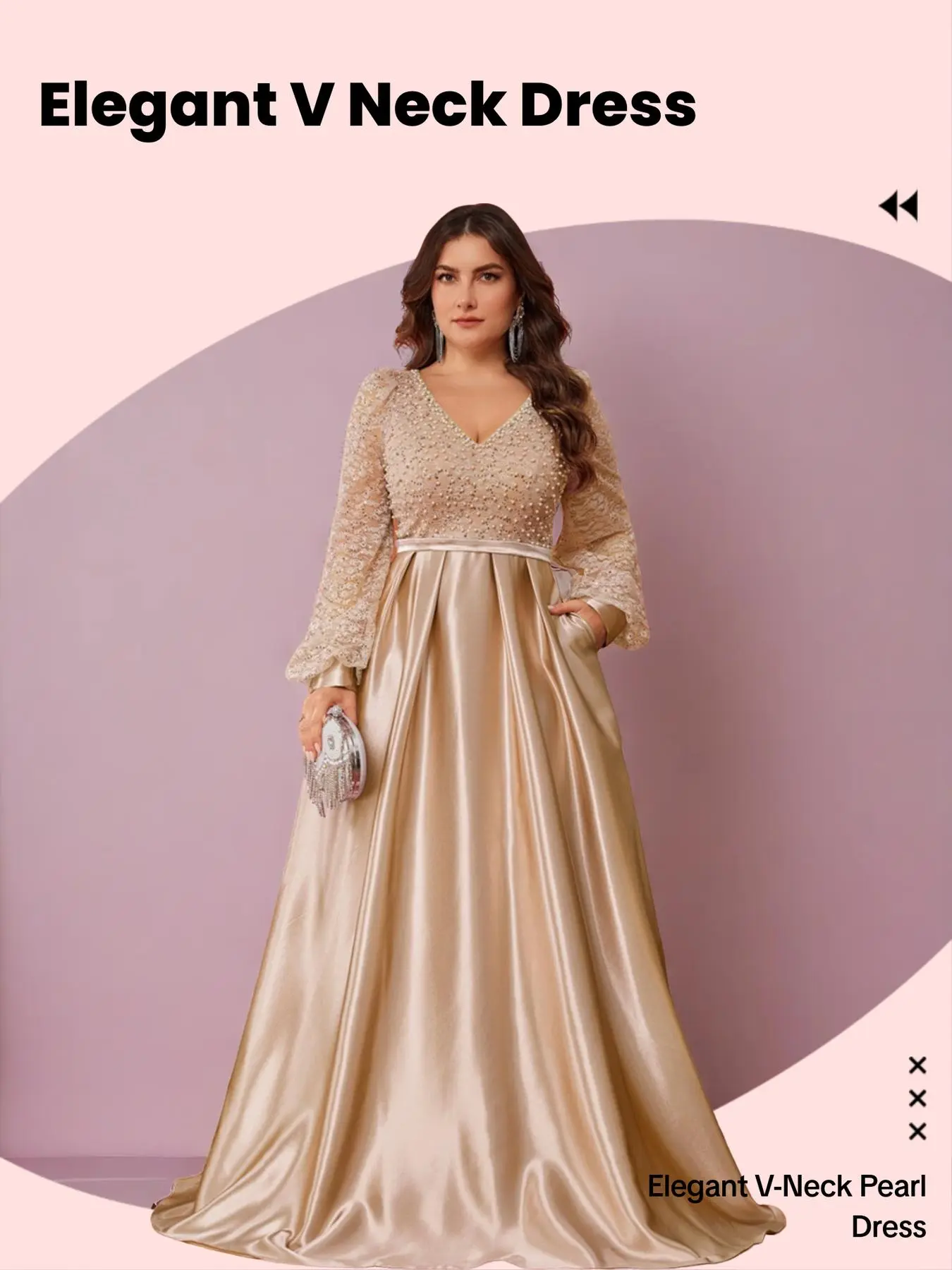 Pearl beaded V-neck belt dress, elegant formal evening dress for women with belt, beaded details, woven and long sleeve, perfect for Spring parties and special occasions, Formal Wear