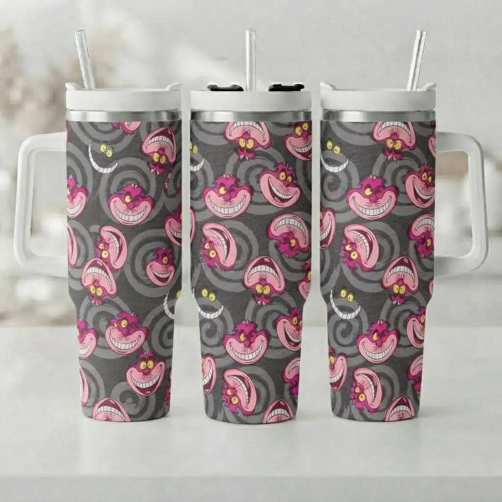 40 oz Tumbler Cheshire Cat Spiral Design, Alice Travel Mug with Handle & Straw Lid