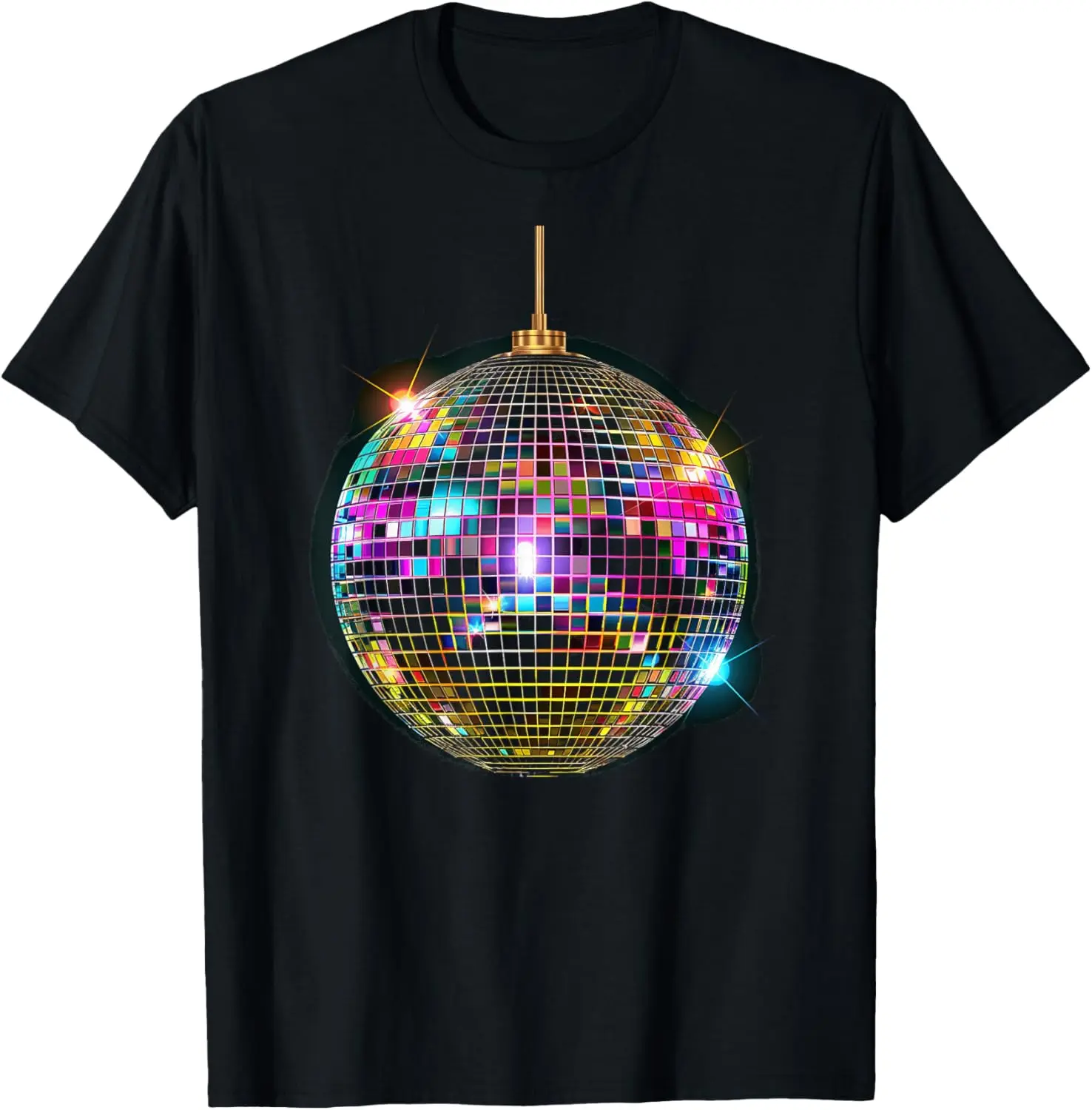 Women's 100% Cotton Distressed Graphic T-Shirt - Colored Disco Ball, Vintage Retro House Themed Cool Party Top
