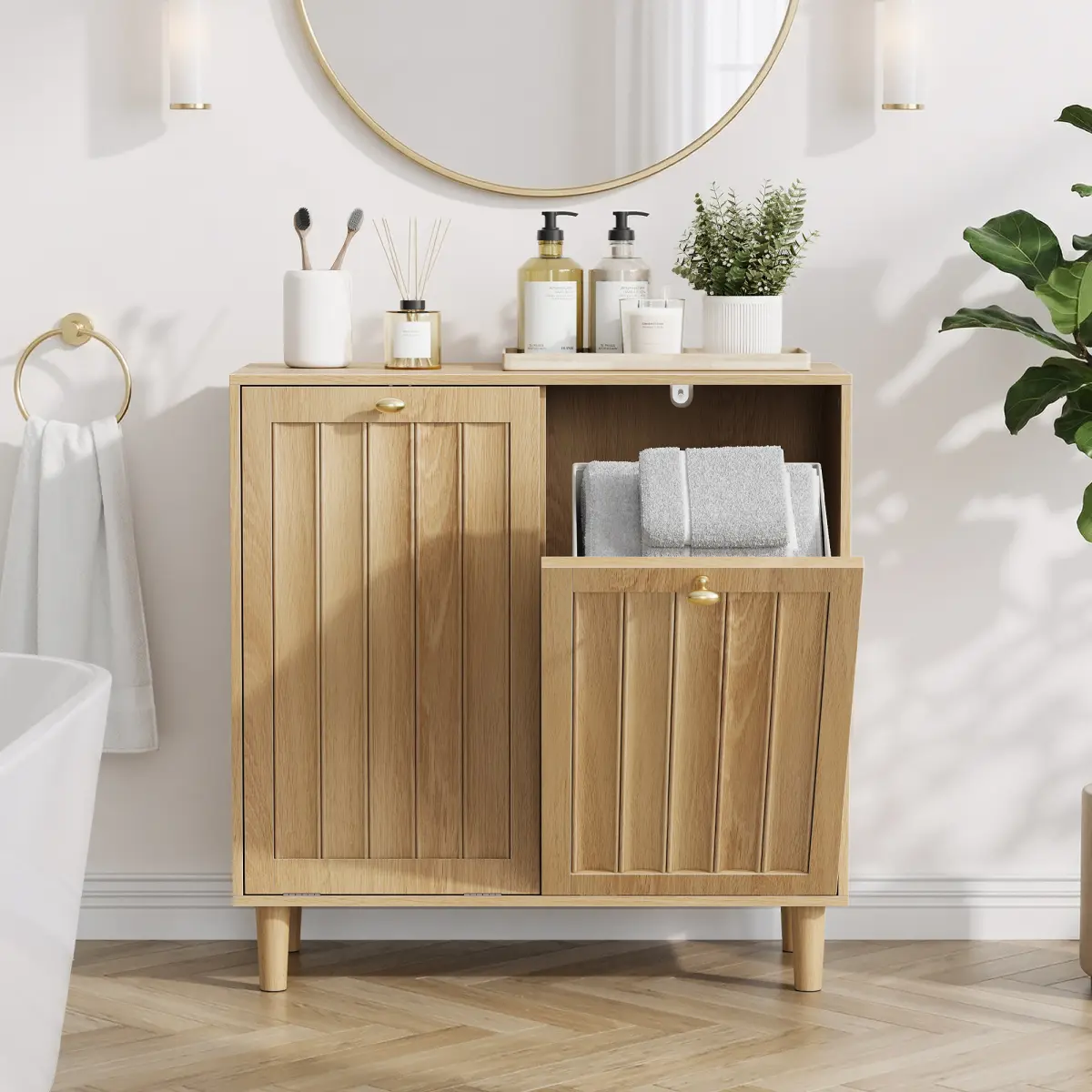 SZLIZCCC Sloping Laundry Basket with Removable Inner Bag - Concealed Bathroom Storage Cabinet, Freestanding Oak Wooden Hamper for Bedroom & Laundry Room, Hidden Household Organizer