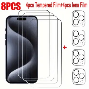 Tempered Glass Phone Screen Protector & Lens Protector, 8 in 1 Phone Screen Protective Film, Anti-scratch Phone Accessories for iPhone 11 12 13 14 15 Pro Max, Cover, Smartphone Protection