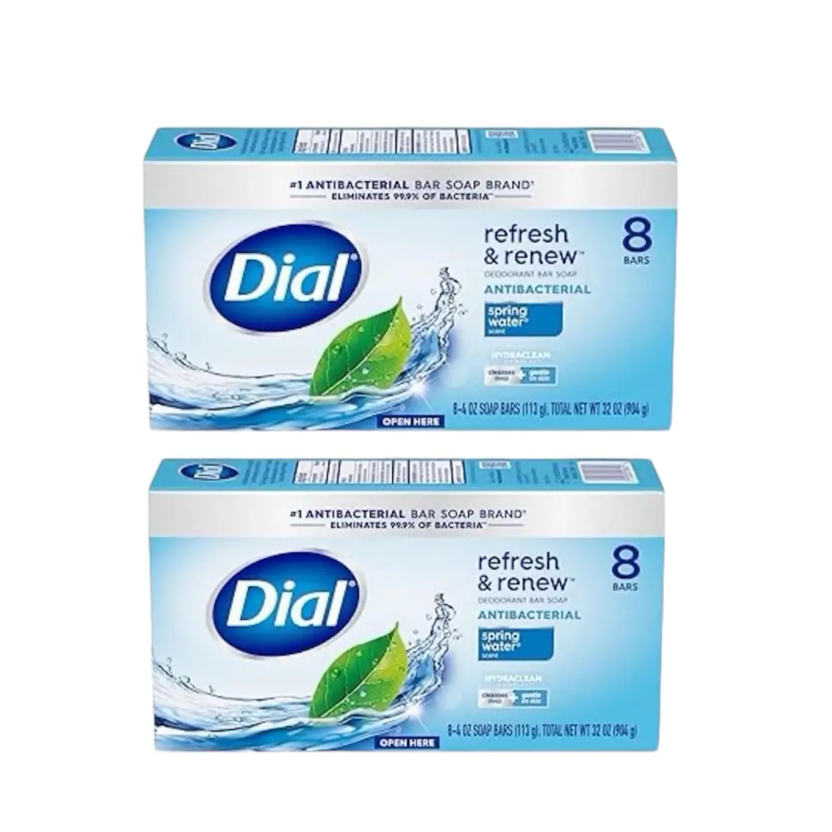 Dial Antibacterial Bar Soap, Spring Water Scent, Gentle Cleansing for Body Care, 16 Bars Total (2 Packs of 8)