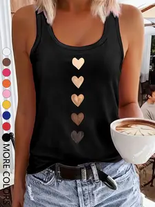 Summer New Fun Hearts Print Sports Tank Top, Women's Denim Yoga Vest, Casual Fitted All-Season Athletic Wear, Sleeveless Gym Tops, Sports Singlet