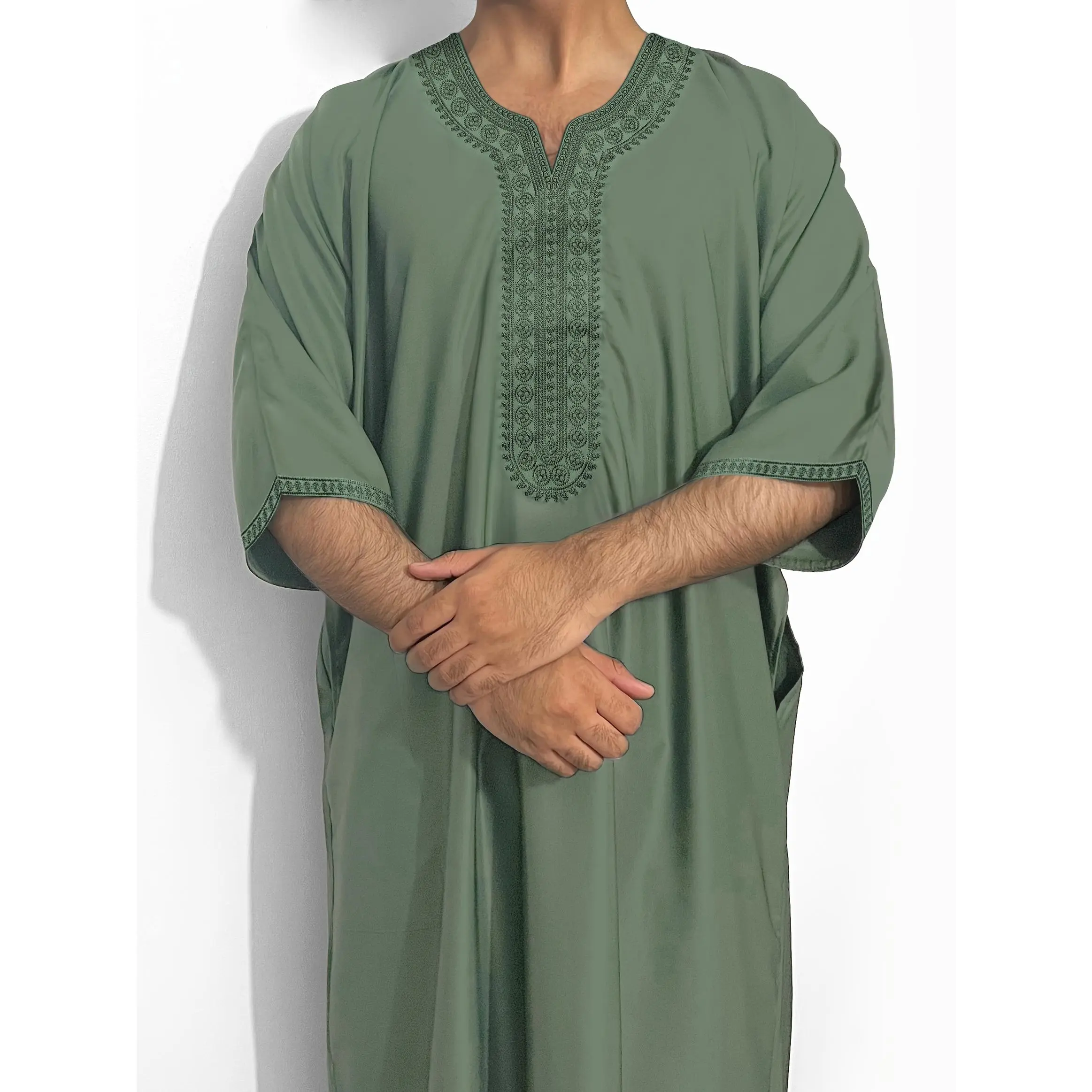 [Moroccan Tunic] Moroccan Embroidered Loose Fit V-Neck Long Tunic |   Olive Green, Non-Stretch Fabric, Casual Islamic Home & Ramadan Wear, Traditional Attire, Detailed Embroidery, Side Pockets