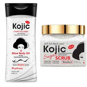 ROUSHUN Kojic acid Body Oil + Kojic acid  sugar scrub Skincare Set for Cleansing, Hydrating, and Moisturizing Skin with Long lasting Fragrance, Suitable for Men and Women, Large Capacity