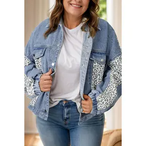 Plus Size Leopard Long Sleeve Denim Jacket
