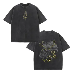 Vintage Demon Slayer Zenitsu Thunder Breathing Graphic Tee, Black Acid Wash Oversized Crew Neck Short Sleeve, Unisex Kimetsu No Yaiba Fan Gift for Friends & Anime Lovers