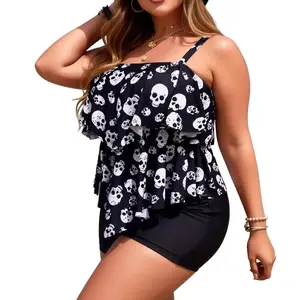 Plus Size Skull Print Ruffle Tankini Set, Tiered Flounce Tummy Control Two-Piece Swimsuit, Adjustable Strap Slimming Swimwear with Boyshort Bottoms