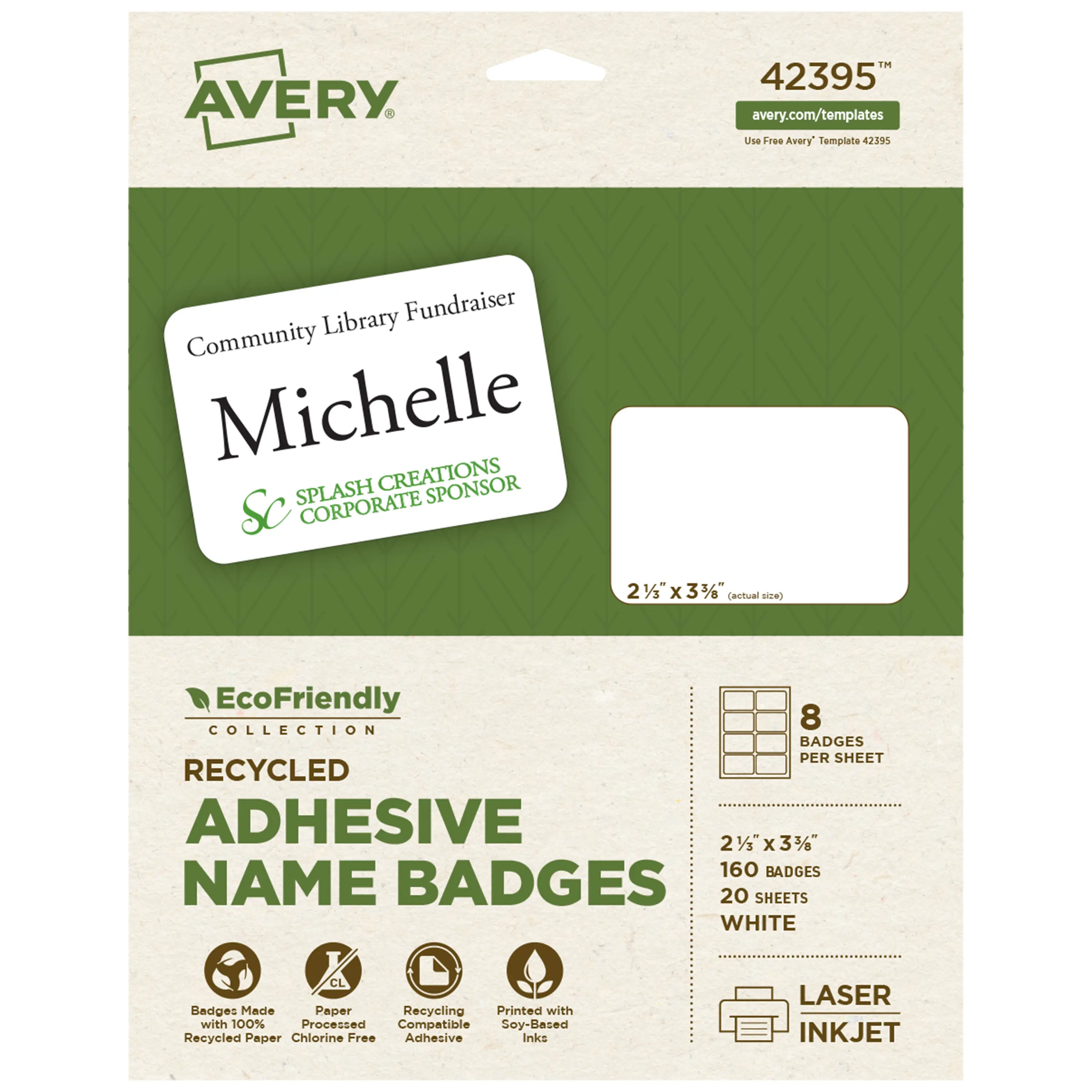 Avery Recyclable EcoFriendly Name Tags - Personalized Nametags, ID Tag, 2-1/3"x3-3/8", White, Removable Adhesive, Laser Inkjet Printable, 160 Pieces (42395), Name Plate, Office Accessories