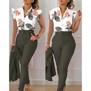 Women's 2-Piece Floral Print Blouse Solid Pants Set with Belt, Breathable Lotus Sleeve Top & Stretch Trousers Office to Casual Versatile Outfit Comfort Clothes Jacket Suits Chic Womenswear matching sets vacation Cropped Beach