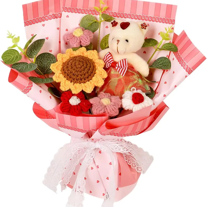 11-Inch Handmade Cotton Crochet Bear Flower Bouquet - 9.45" Wide Lifelike Artificial Flowers with Blue Roses, Daisies, Lace, Eucalyptus, Home Decor Accessory, Perfect Gift for Mom, Friend on Mother's Day, Anniversary