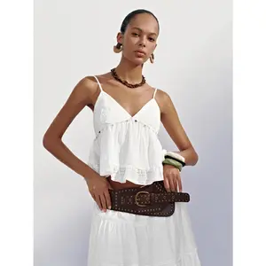 URBAN REVIVO Women's 2026 Viral Yarn-Blend Elastic Cotton Cami Tank Top - Sleeveless Spaghetti Strap, Minimalist Basic, Lace-Accented Casual Clothes, Women's Clothes with Versatile Style Ideal for Skirt Pairing