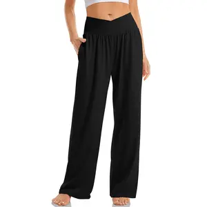 TARSE Womens Wide Leg Pants Yoga Crossover High Waisted Pajama with Pockets Loose Fit Pjs Comfort Basic Casual Fall outfit Loungewear Baggy sweatpants Nightwear Womenswear