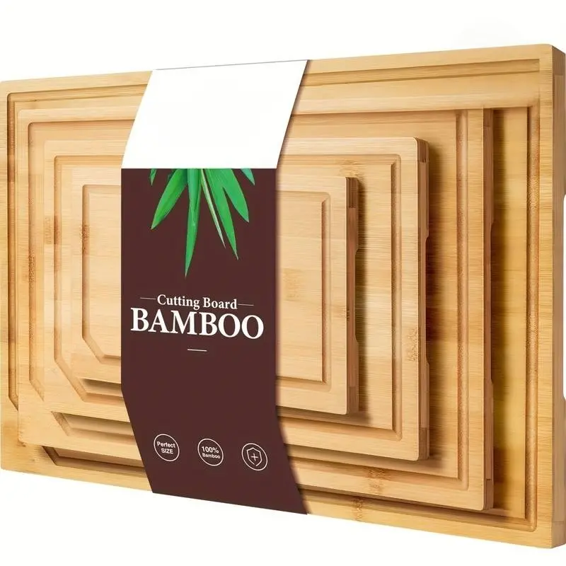 4-piece extra-large bamboo and wood kitchen cutting board set, heavy-duty with juice drains, suitable for cutting meat, vegetables, and cheese.Essential kitchen tools.Suitable for family, friends, holiday gatherings, a spring essential, Mother’s Day gift