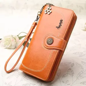 Personalized Wallet for Women, Girls | PU Leather Large Capacity Wrist Strap Purse | Slim Leather Card Holder | Best Christmas Gifts For Her | Orange Silver Font