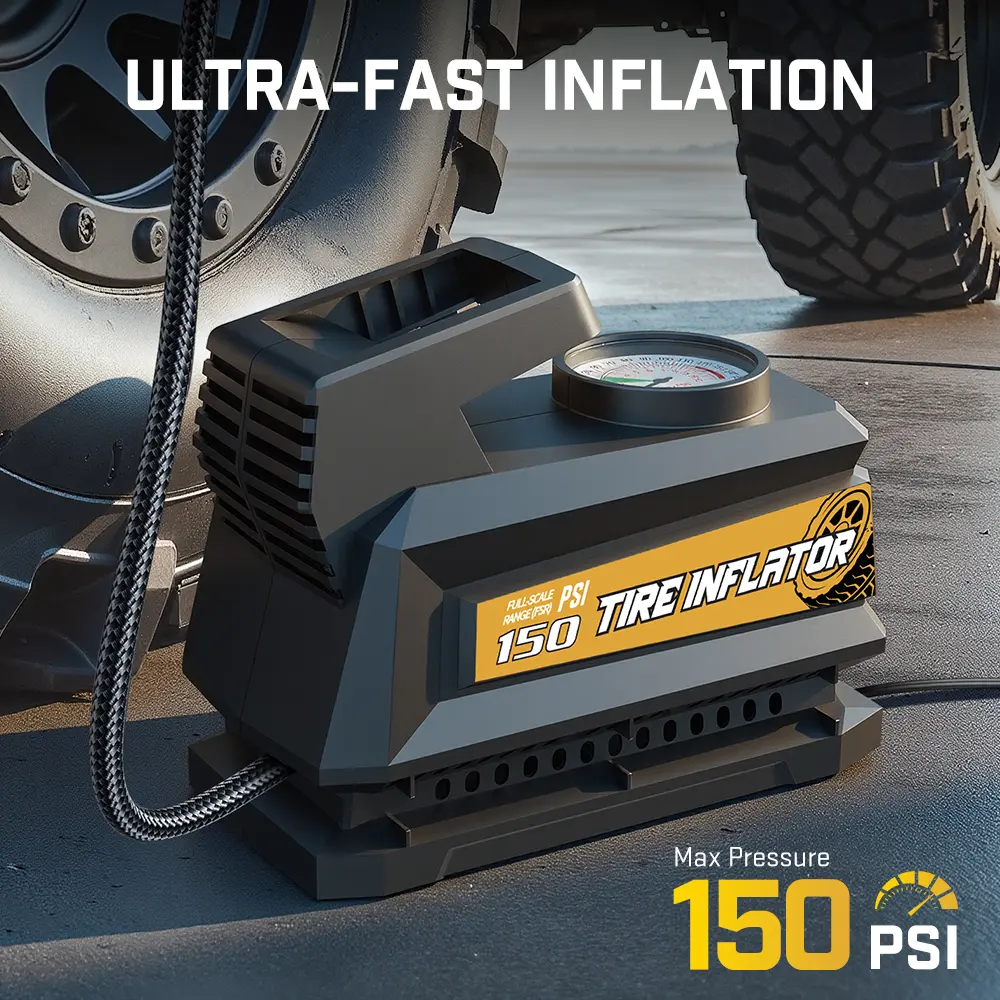 Portable Air Pump 12V Dc, 150psi Tire Inflator with LED Light and Auto Shut Off, No Battery Needed, Ideal for Car Emergency Use