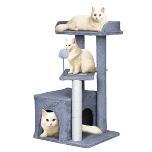 Carpet Cat Tower Grey for Indoors Cats, Cute Wood Kitty Condo with Scratching Post and Pad, 29" Multi-Level Modern Activity Climbing Furniture for Small and Medium Cats