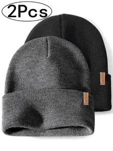 2-Pack Plain Knit Beanie Hats, Minimalist Headwear, Casual Fitted Winter Warm Windproof Ear Protection, Unisex Outdoor Use, Knitting Beanie, Cozy Beanie, Fitted Hat Set