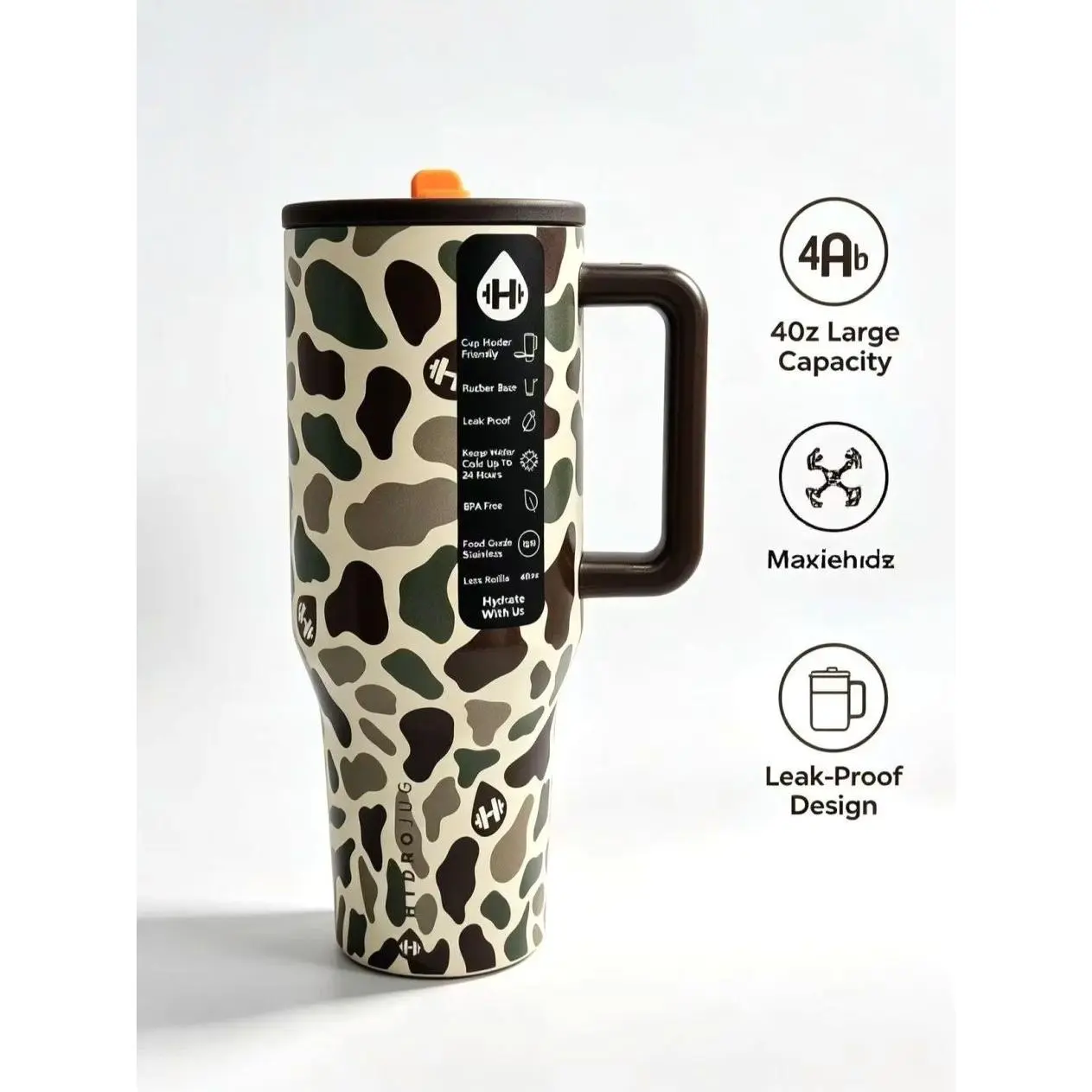 HydroJug 40oz Insulated Camo Portable Stainless Steel Vacuum Flask, Travel Tumbler with Handle, Leak-Proof Lid, Cup Holder Friendly, Ideal Gift for Outdoor Enthusiasts, Flasks