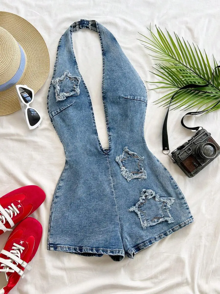 CROSSCAL Women's Blue Summer Denim Jumpsuit, Deep V Backless Halter Star Design,Bohemian Tropical Style For Vacation Beach & Music Festival No Chest Padding