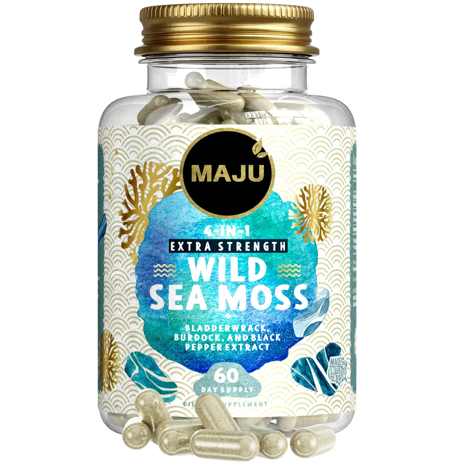 MAJU Organic Wild Sea Moss Capsules (60ct), Supplement Dietary Healthcare Natural Edible Fitness, Chondrus Crispus