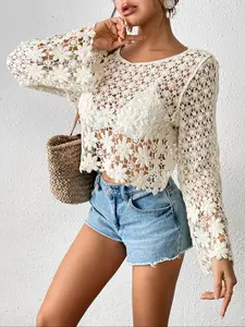 Women's Floral & Geometric Embroidery Hollow Out Crop Beach Cover Ups, Casual Long Sleeve Round Neck Cover Up Top for Beach Holiday Vacation, Ladies Clothes for All Seasons, Cover Up Beachwear