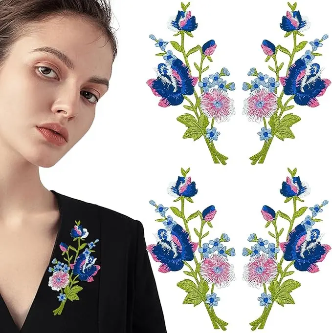 4 Pcs Rose Flower Embroidered Applique Floral Leaves Iron on Patches Bouquet Boho Decorative Embroidery Applique Sewing Patches for Clothing Bags DIY Accessory Craft Decoration