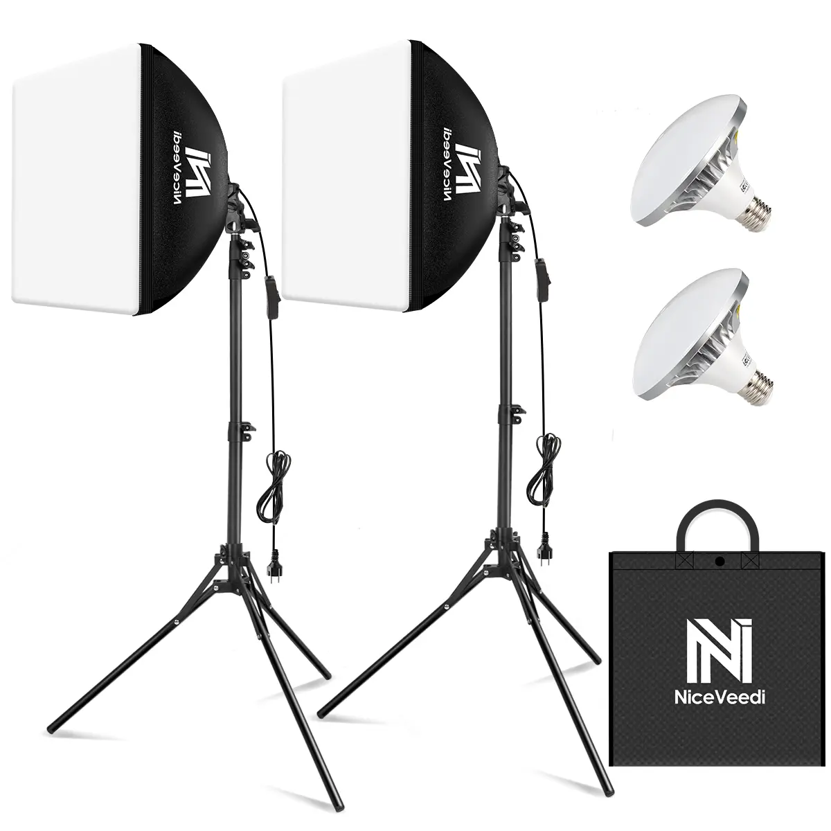 Softbox 2-Pack 16'' x 16'' Photography Lighting Kit with 63" Tripod Stand & 5400K 450W Equivalent LED Bulbs for Continuous Lighting Video Recording Storage